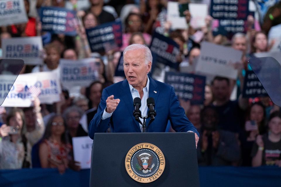 President Joe Biden speaks at a post-debate campaign rally on June 28, 2024 in Raleigh, North Carolina. Last night President Biden and Republican presidential candidate, former U.S. President Donald Trump faced off in the first presidential debate of the 2024 campaign.