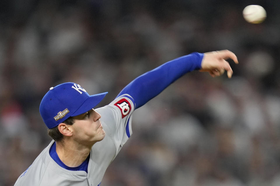 Kansas City Royals pitcher Cole Ragans delivers against the New York Yankees during the first inning of Game 2 of the American League baseball playoff series, Monday, Oct. 7, 2024, in New York. (AP Photo/Seth Wenig)