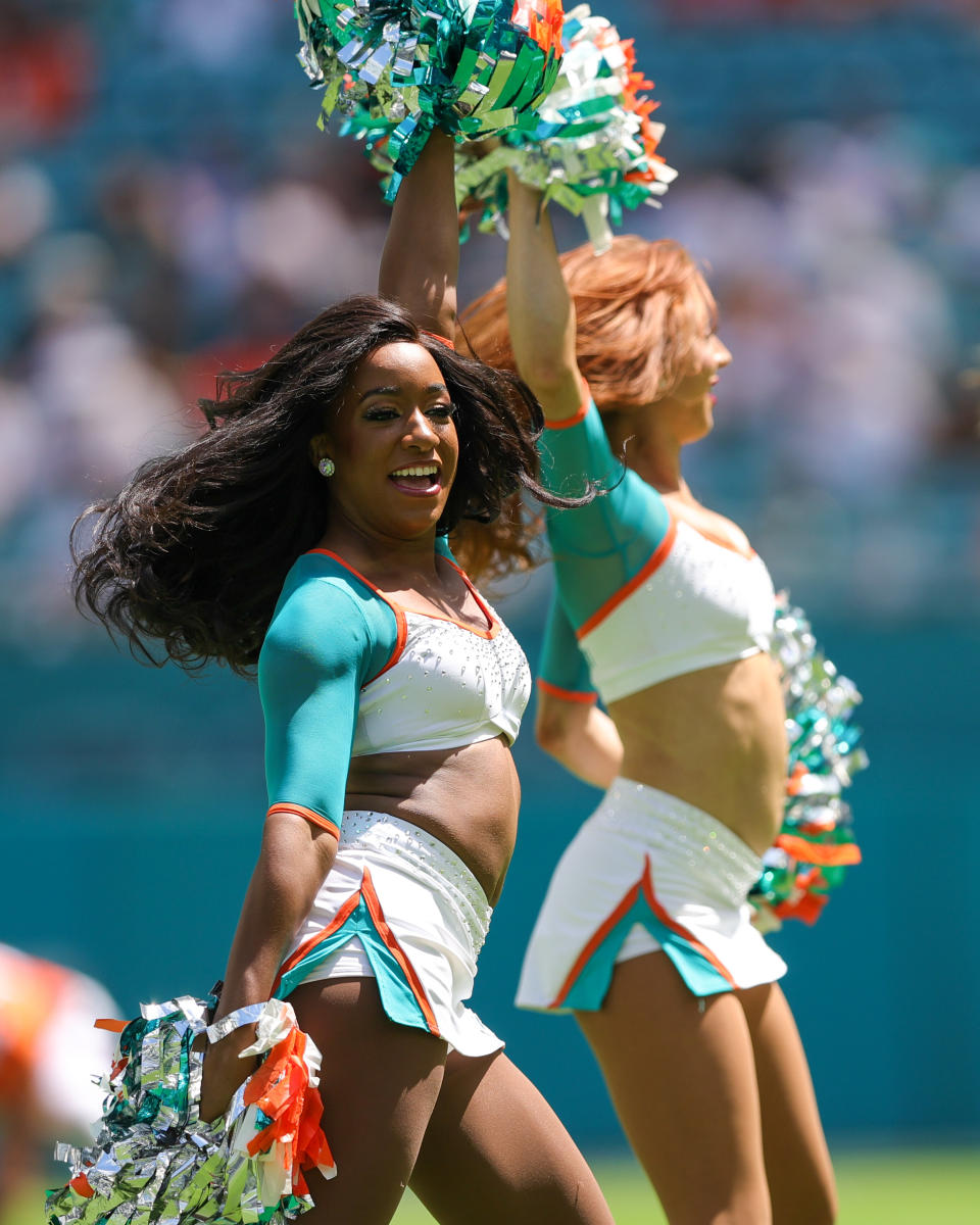 Sep 24, 2023; Miami Gardens, Florida, USA; Miami Dolphins cheerleaders perform before a game against the Denver Broncos at Hard Rock Stadium. Mandatory Credit: Nathan Ray Seebeck-USA TODAY Sports