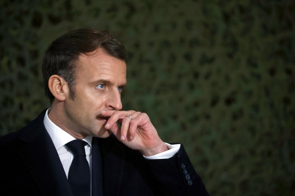 French President Emmanuel Macron visits  the training centre of the 4th Regiment of the French Foreign Legion, in Saint-Gauderic, southern France, on March 12, 2021. - The French president presented decrees of naturalisation to five legionnaires during the ceremony. (Photo by STEPHANE MAHE / POOL / AFP) (Photo by STEPHANE MAHE/POOL/AFP via Getty Images)