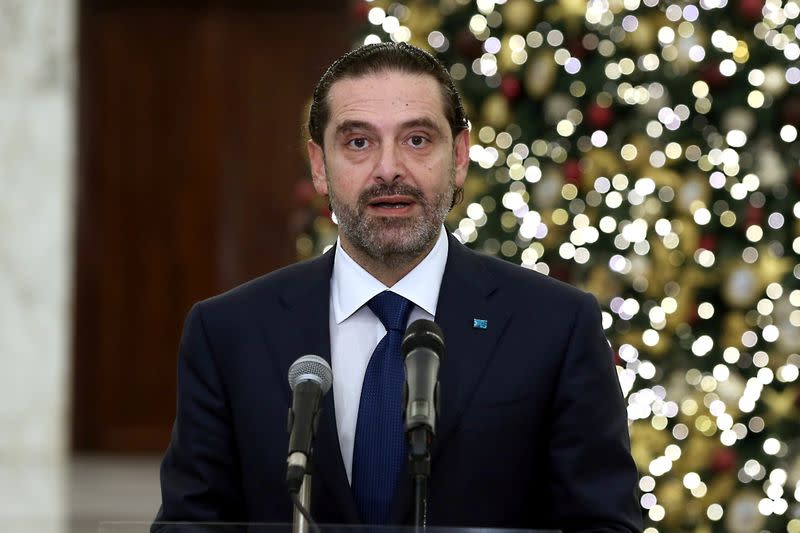 Lebanese Prime Minister-designate Saad al-Hariri speaks at the presidential palace in Baabda