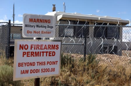 Razor wire and security cameras at the entrance to Area 51 as an influx of tourists responding to a call to 'storm' Area 51, a secretive U.S. military base believed by UFO enthusiasts to hold government secrets about extra-terrestrials, is expected