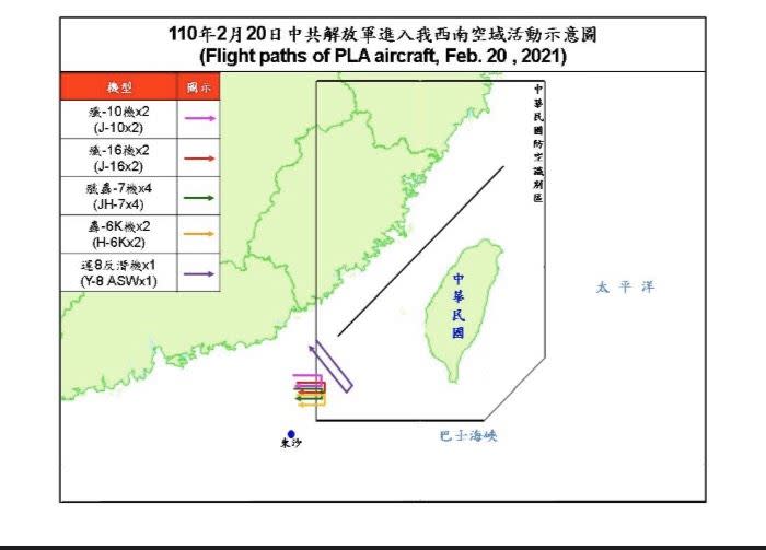 共機２０日進入我西南空域活動示意圖。（圖／國防部提供）