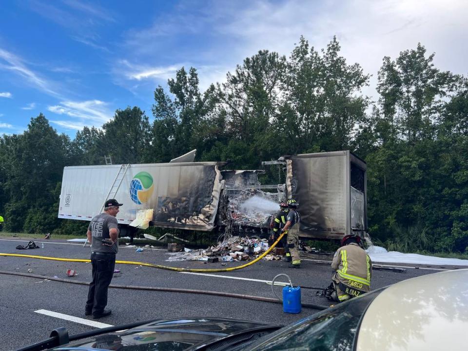 Fire and rescue crews extinguished a tractor-trailer that crashed on Interstate 75.