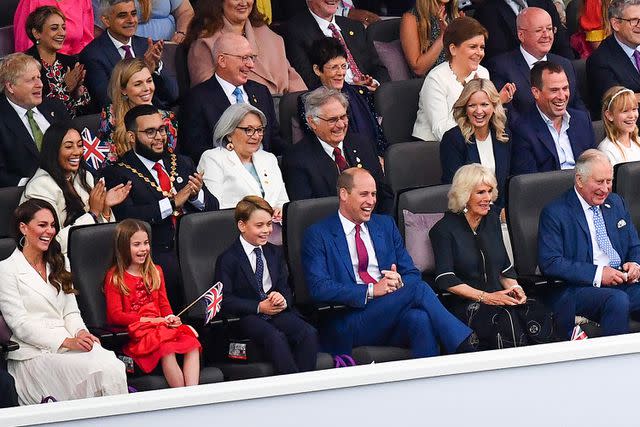 <p>Niklas Halle'n/Getty</p> From left: Kate Middleton, Princess Charlotte, Prince George, Prince William, Camilla and Prince Charles at the Platinum Party at the Palace on June 4, 2022