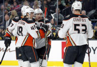 Anaheim Ducks right wing Jakob Silfverberg (33) celebrates after scoring against the Vegas Golden Knights during the third period of an NHL hockey game Tuesday, Dec. 31, 2019, in Las Vegas. (AP Photo/John Locher)