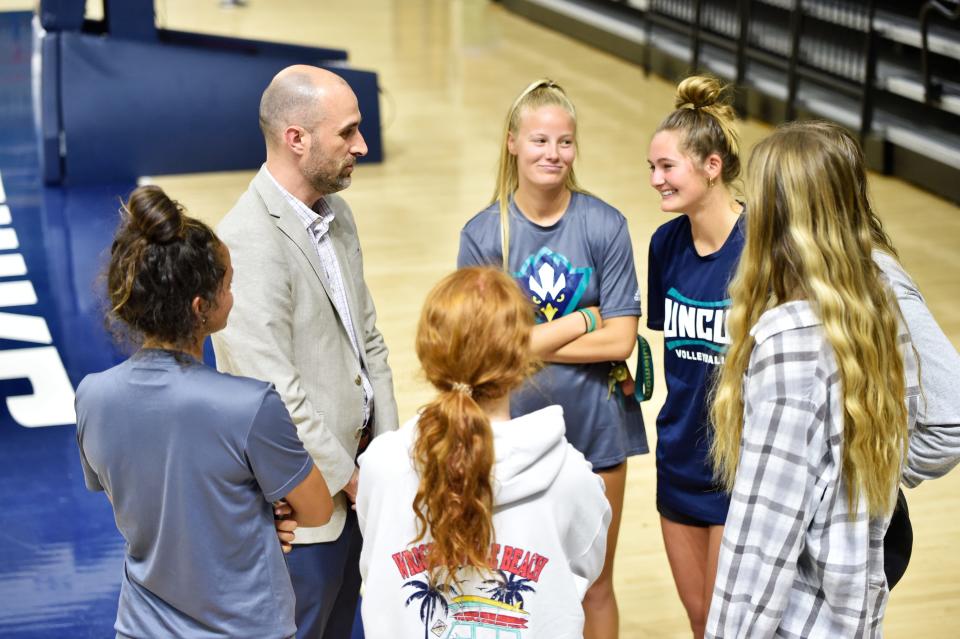 UNCW Athletic Director Michael Oblinger meets with student athletes in his first week in his new role.