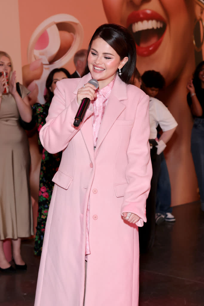 Selena Gomez celebrates the launch Of Rare Beauty's Soft Pinch Luminous Powder Blush on April 6 in New York, celebrity style, Versace, Staud