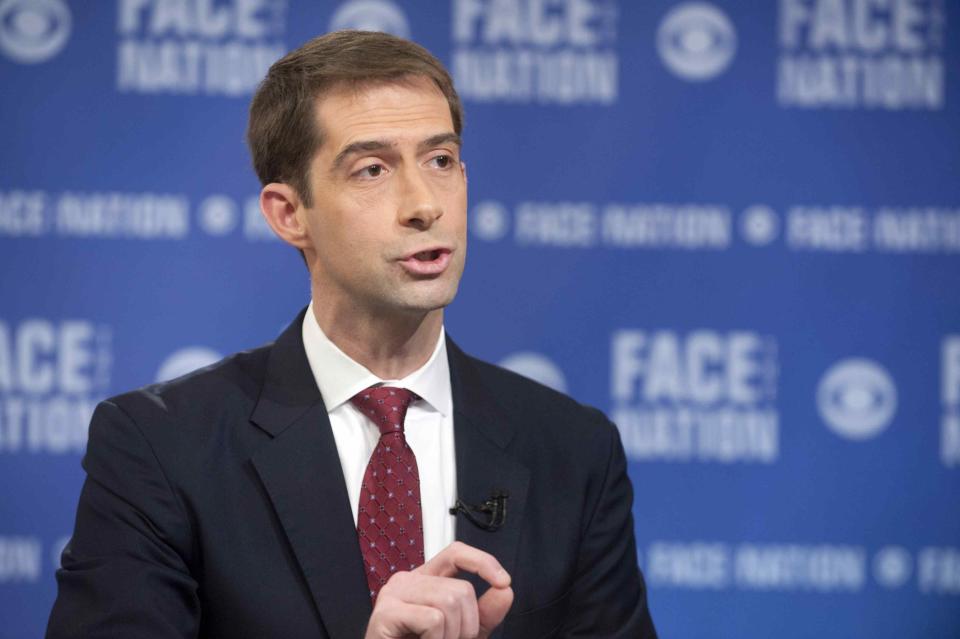 Senator Tom Cotton (R-AR) is interviewed by Bob Schieffer on the March 15, 2015 edition of �Face the Nation� in Washington, in this undated handout photo. Cotton, the freshman senator who organized the Republicans' letter on Iran, said his intent was to send a clear message to Iranian leaders that Congress has a say in the nuclear issue. REUTERS/Chris Usher/Handout (UNITED STATES) NO SALES. NO ARCHIVES. FOR EDITORIAL USE ONLY. NOT FOR SALE FOR MARKETING OR ADVERTISING CAMPAIGNS. THIS IMAGE HAS BEEN SUPPLIED BY A THIRD PARTY. IT IS DISTRIBUTED, EXACTLY AS RECEIVED BY REUTERS, AS A SERVICE TO CLIENTS