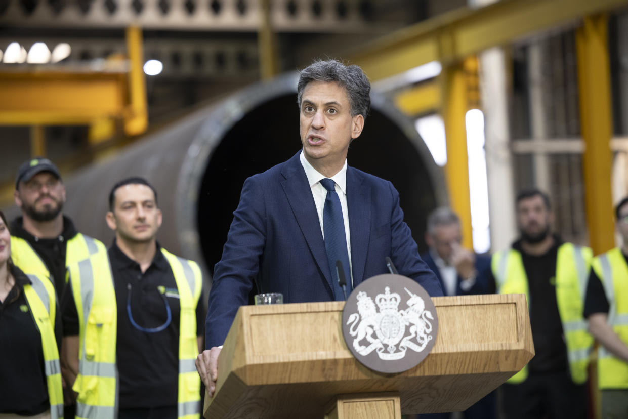 WIDNES, UNITED KINGDOM - JULY 25: Ed Miliband, Secretary of State for Energy Security and Net Zero gives a speech before introducing UK Prime Minister Keir Starmer during visit to Hutchinson Engineering, where he gave a speech, met workers and had a tour of the facility, on July 25, 2024 in Widnes, United Kingdom. The firm make parts for wind turbines. He was joined by Ed Miliband, Secretary of State for Energy Security and Net Zero. (Photo by James Glossop - WPA Pool/Getty Images)