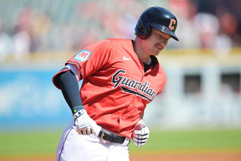 Sep 19, 2024; Cleveland, Ohio, USA; Cleveland Guardians designated hitter Kyle Manzardo (9) rounds the bases after hitting a home run during the first inning against the Minnesota Twins at Progressive Field. Mandatory Credit: Ken Blaze-Imagn Images