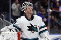 FILE - San Jose Sharks goaltender James Reimer (47) reacts after giving up a goal against the New York Islanders in the second period of an NHL hockey game Tuesday, Oct. 18, 2022, in Elmont, N.Y. Reimer won't take part in pregame warmups, saying the team's decision to wear Pride-themed jerseys in support of the LGBTQIA+ community runs counter to his religious beliefs. (AP Photo/Adam Hunger, File)