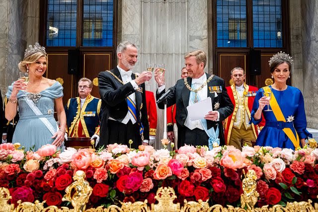 <p>Patrick van Katwijk/Getty</p> From left: Queen Maxima of the Netherlands, King Felipe of Spain, King Willem-Alexander of the Netherlands and Queen Letizia of Spain attend a state banquet on April 17, 2024