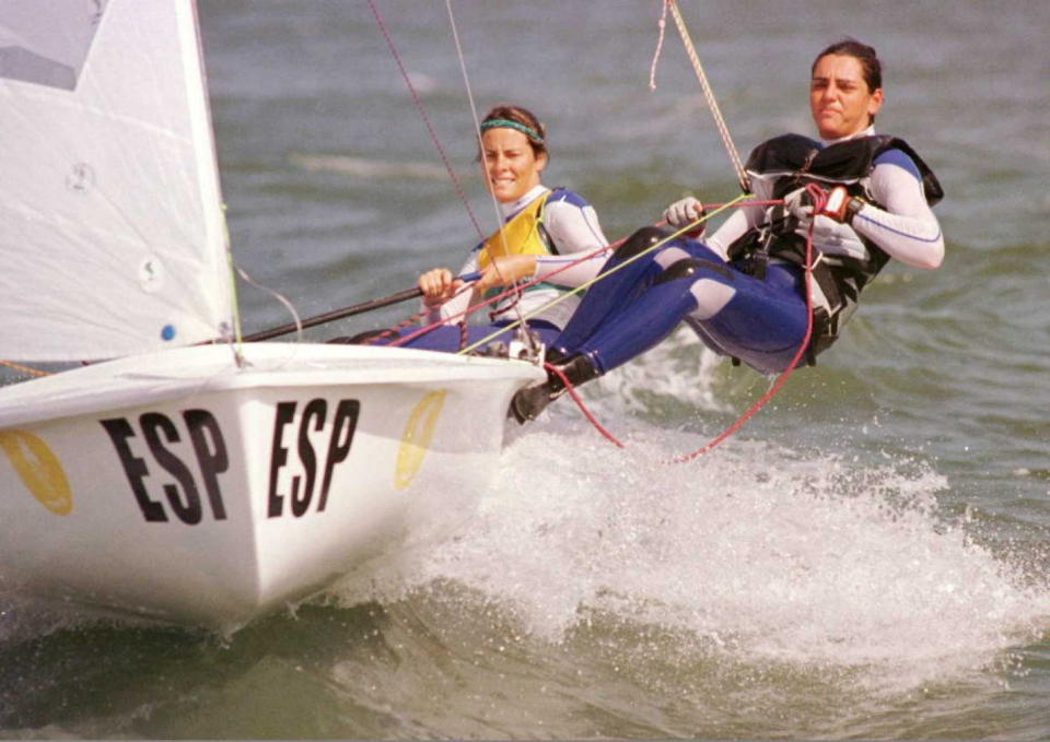 SAVANNAH, GA - JULY 30:  Theresa Zabell and Begona Via Dufresne (order unknown) of Spain race their double-handed 470 dinghy during race 10 in the women's event near Savannah, Georgia, 30 July. Zabell and Via Dufresne are first in the standings after ten races.  (Photo credit should read PASCAL GUYOT/AFP via Getty Images)