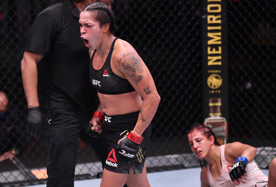 LAS VEGAS, NEVADA - JUNE 06: Amanda Nunes of Brazil reacts after the conclusion of her UFC featherweight championship bout against Felicia Spencer of Canada during the UFC 250 event at UFC APEX on June 06, 2020 in Las Vegas, Nevada. (Photo by Jeff Bottari/Zuffa LLC)