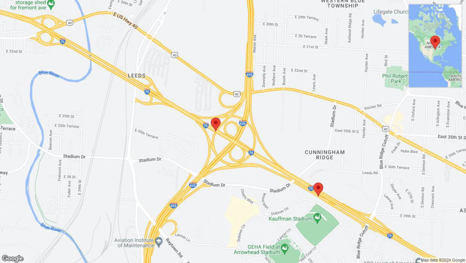 A detailed map that shows the affected road due to 'Reports of a crash on the George Brett Super Highway' on July 25th at 3:50 p.m.