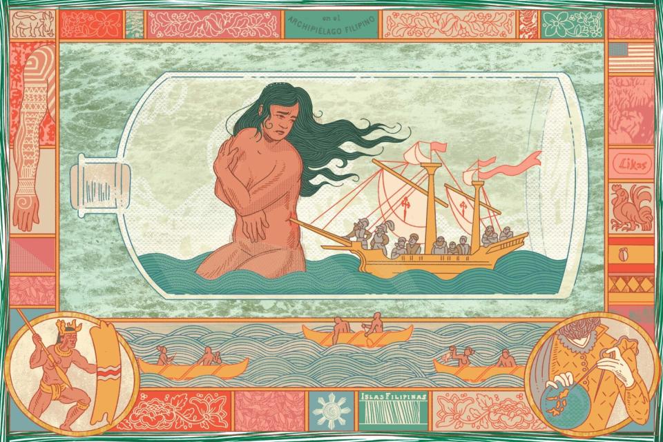 An illustration shows a Filipino woman being attacked by a ship of imperialists.