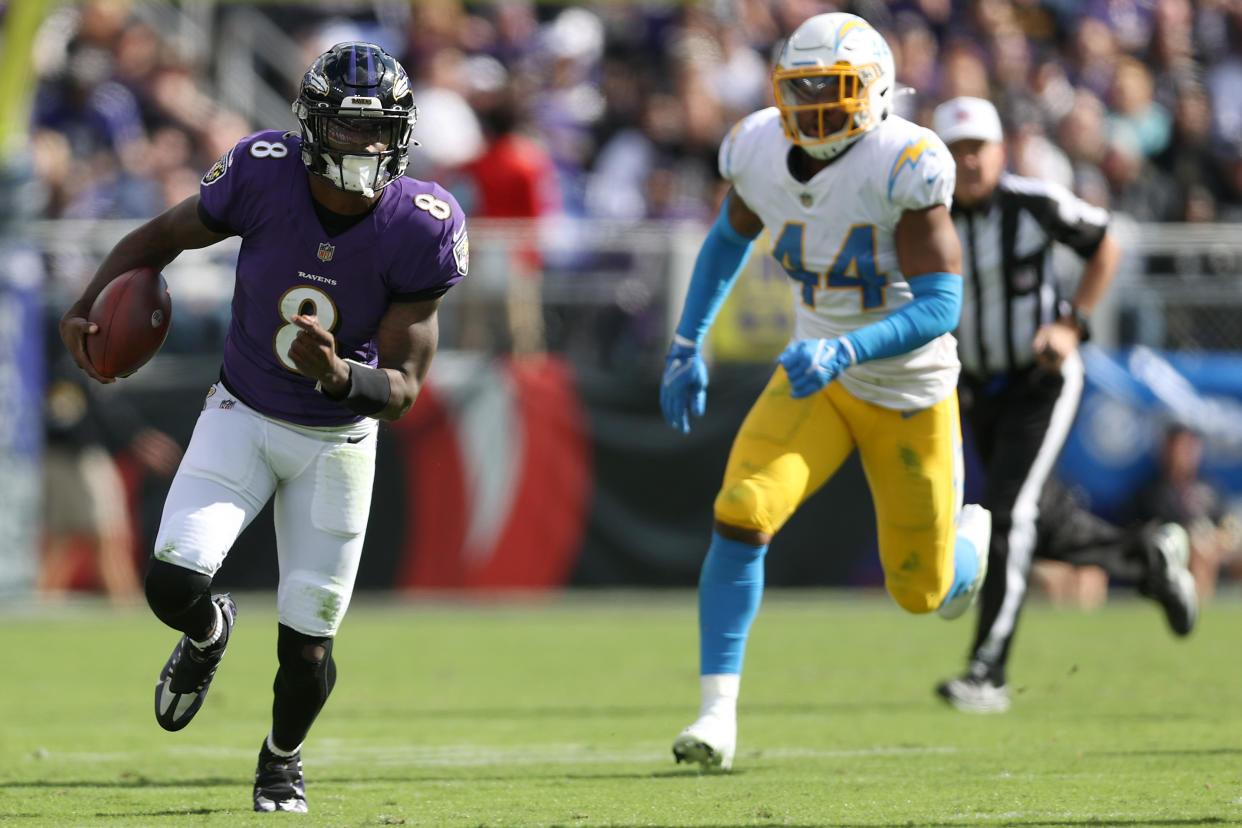 Nobody brings Lamar Jackson down easy. (Rob Carr/Getty Images)