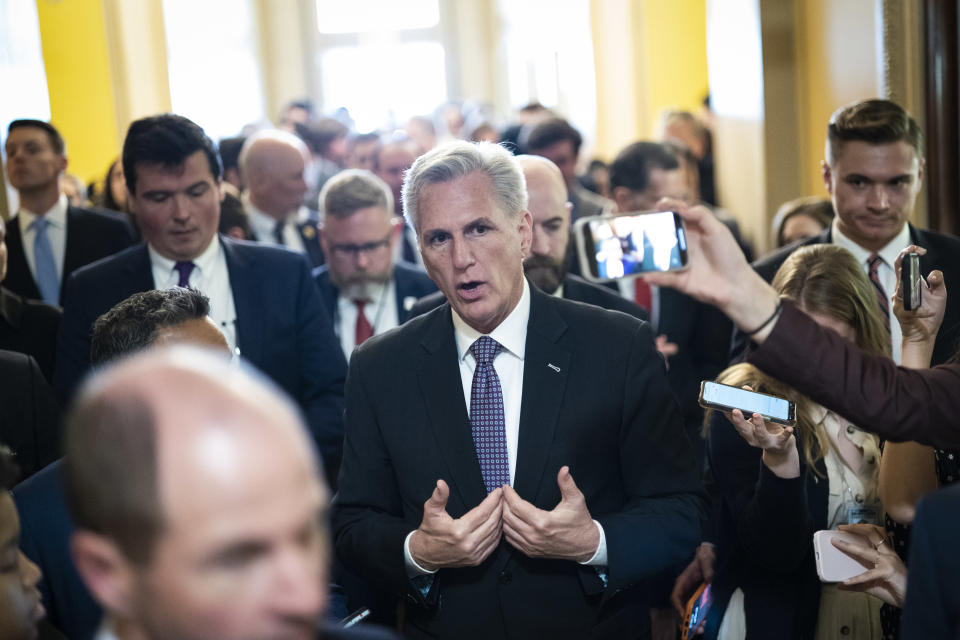 Washington, DC - May 17 :  House Speaker Kevin McCarthy (R-Calif.) speaks with reporters after House and Senate Republicans hosted a bicameral press conference on the debt ceiling on Capitol Hill on Wednesday, May 17, 2023, in Washington, DC. (Photo by Jabin Botsford/The Washington Post via Getty Images)