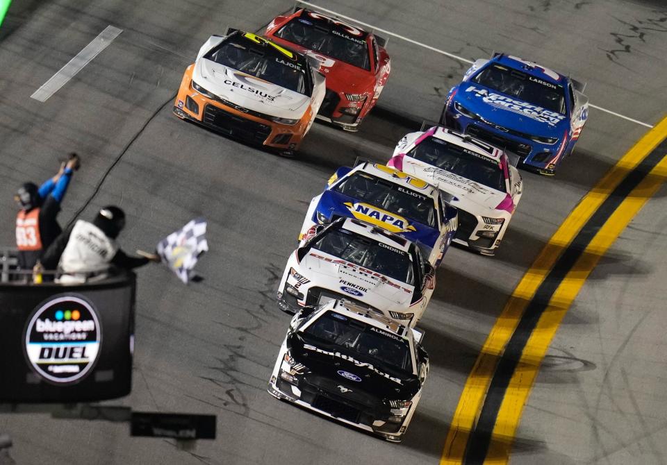 Aric Almirola leads the charge to the checkers in Thursday night's second qualifying race.