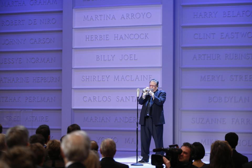 Trumpeter Arturo Sandoval plays the national anthem at the start of the Kennedy Center Honors at the Kennedy Center in Washington