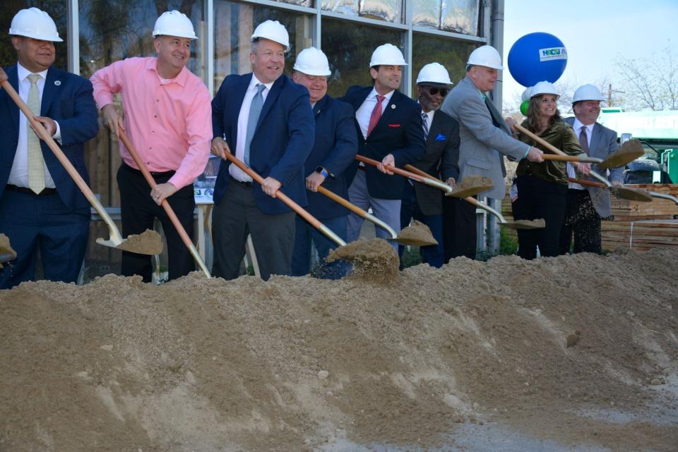 San Joaquin County officials and Stockton dignitaries break ground on a new mental health-focused apartment complex April 3, 2024, in Stockton, Calif.