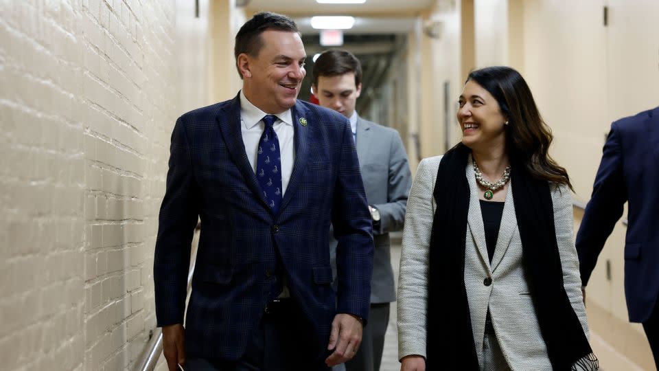 Rep. Richard Hudson and Rep. Stephanie Bice speak to one another on November 2, 2023 in Washington, DC. - Anna Moneymaker/Getty Images