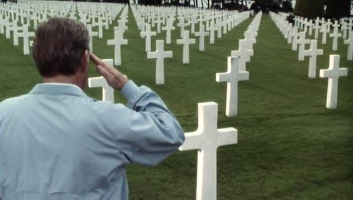 'SAVING PRIVATE RYAN' | Director Steven Spielberg faithfully re-created the terror and confusion of the D-Day invasion of Normandy on June 6, 1944. Decades later, James Francis Ryan (Harrison Young) salutes Capt. Miller and his comrades who died there: "I tried to live my life the best that I could. I hope that was enough. I hope that, at least in your eyes, I've earned what all of you have done for me.”