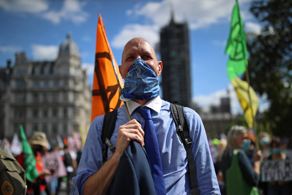 LONDON, ENGLAND - SEPTEMBER 01: Extinction Rebellion protestors demonstrate at Westminster on September 1, 2020 in London, England. The environmental activist group organised several events across the UK timed for the return of government officials from the summer holiday.2 (Photo by Dan Kitwood/Getty Images)