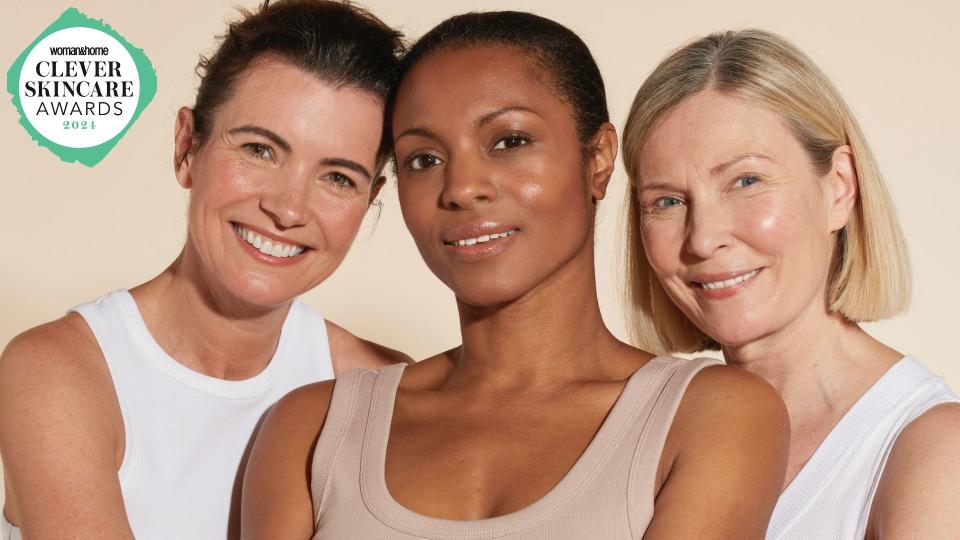  Three women with beautiful skin with a woman&home skincare awards logo in the corner. 