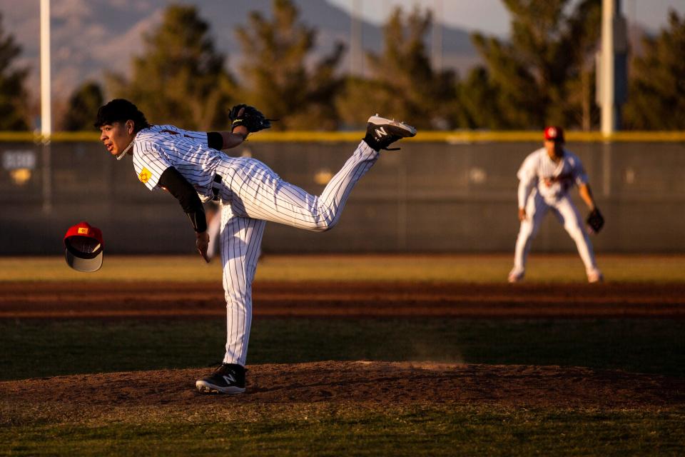 Centennial Hawk Santiago Garcia pitches the ball during a boys high school baseball game on Wednesday, March 1, 2023, at the Field of Dreams. 