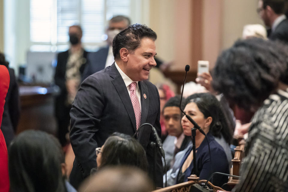 New Democratic state Sen. Steve Padilla walks through the Senate chambers during the opening of the Legislature in Sacramento, Calif., on Monday Dec. 5, 2022. (Martin do Nascimento/CalMatters via AP, Pool)