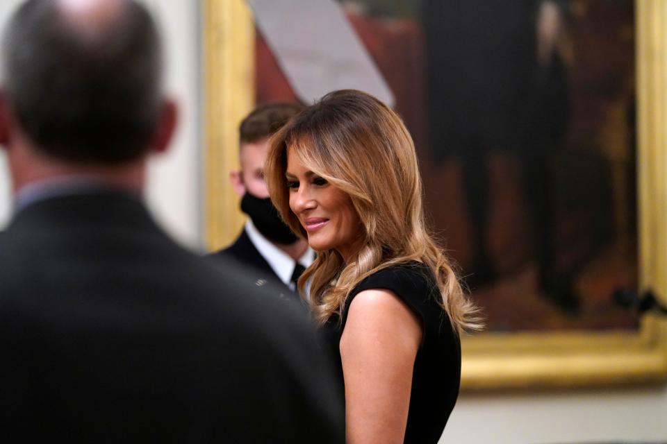 First lady Melania Trump at presentation of the Medal of Honor to Army Sgt. Maj. Thomas P. Payne in the East Room of the White House on, Sept. 11, 2020.