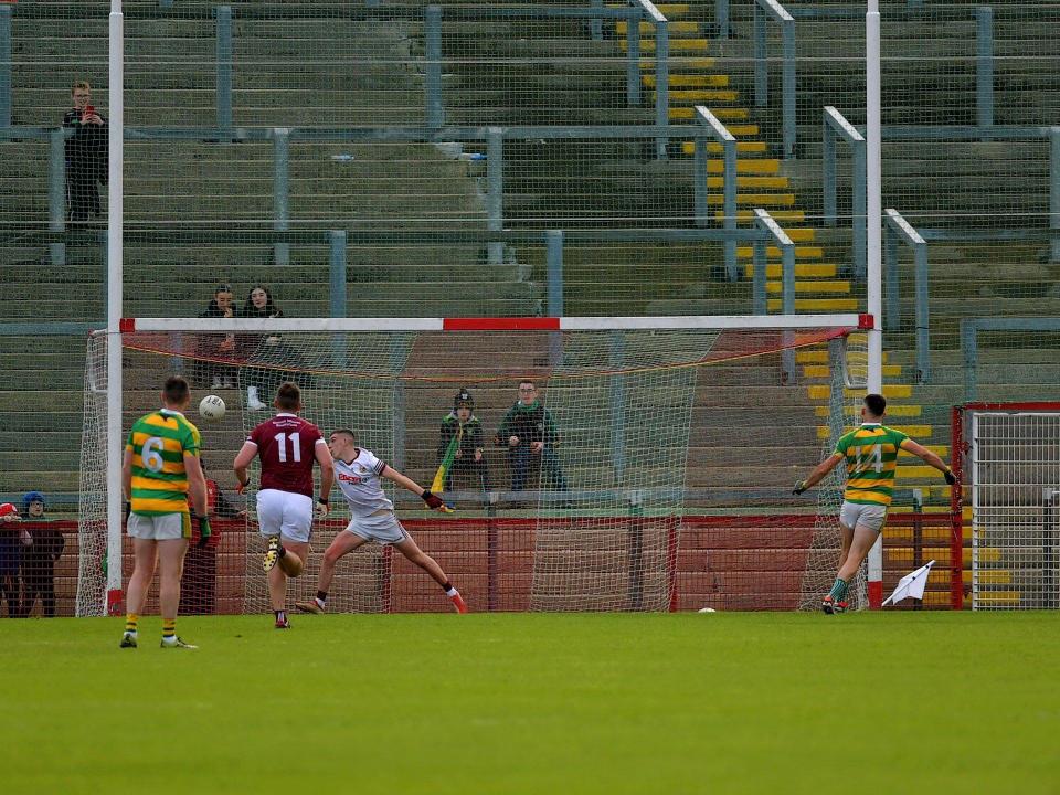 Glenullin’s Eoin Bradley scores a goal from an extra time penalty against Banagher during Sunday afternoon’s IFC final in Celtic. Photo: George Sweeney