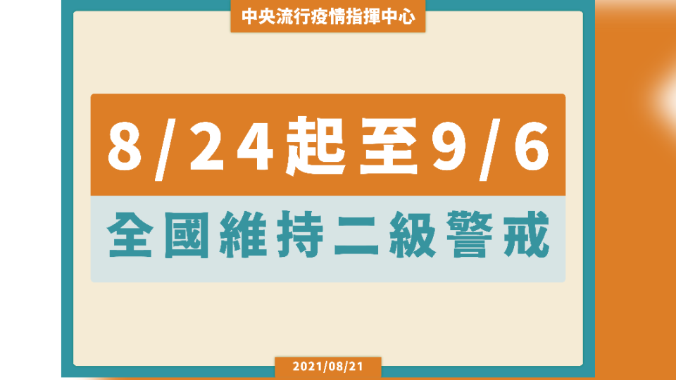 維持二級警戒至9/6。（圖／中央流行疫情指揮中心）