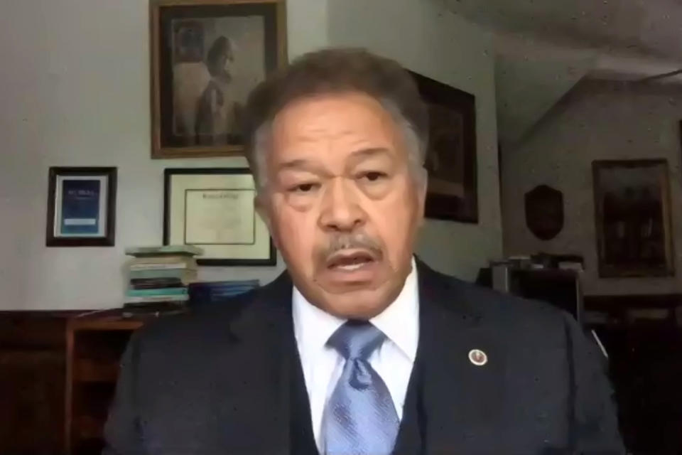 This image made from video provided by the Georgia Democratic Party on Monday, July 20, 2020 shows Robert Franklin is seen. Georgia Democrats announced a list of five finalists who are under consideration to replace Rep. John Lewis on the November ballot. They are: state Sen. Nikema Williams, state Rep. Park Cannon, Georgia NAACP President James Woodall, Atlanta city councilman Andre Dickens and Robert Franklin, former president of Morehouse College in Atlanta. The finalists are being considered at a meeting of the state party's executive committee. (Georgia Democratic Party via AP)