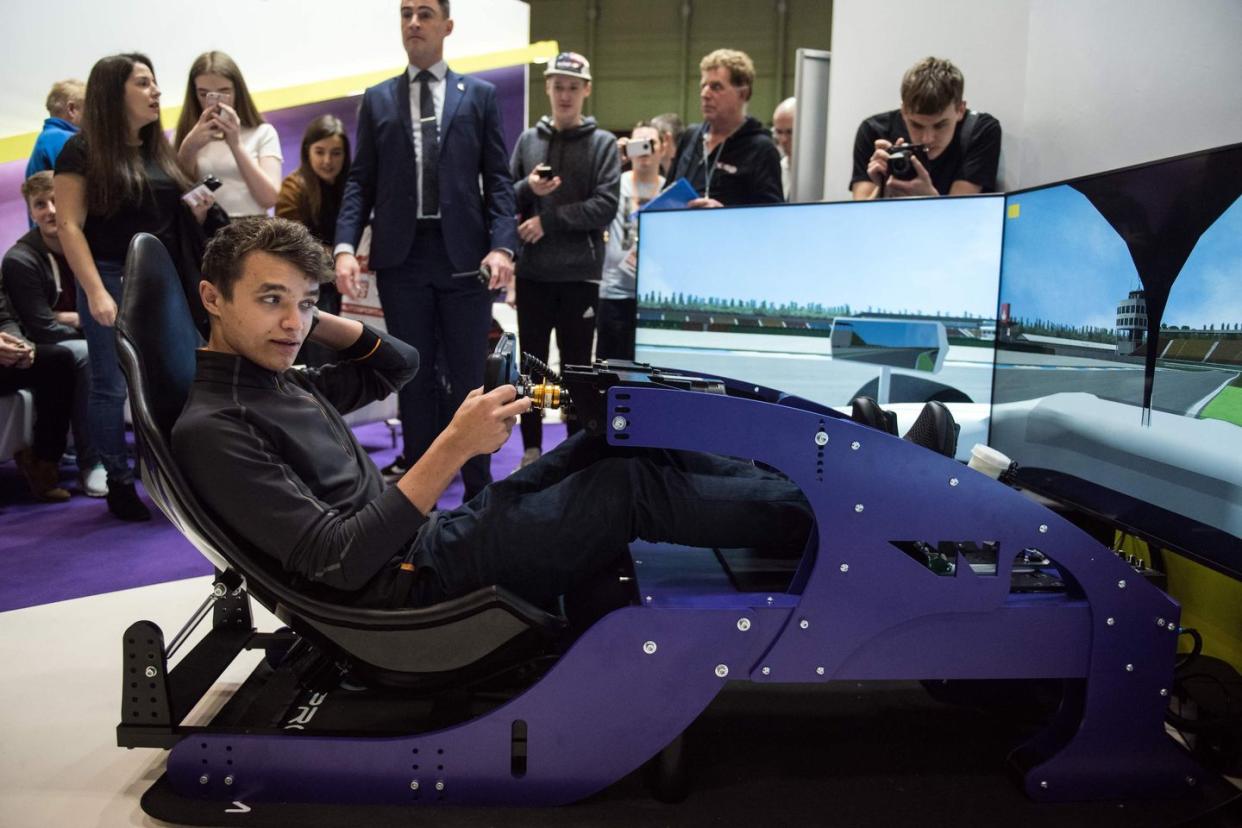 mclaren formula 1 driver lando norris of great britain drives on a motor racing simulator at the autosport international show held in the nec convention centre in birmingham, central england on january 12, 2019 photo by oli scarff afp photo credit should read oli scarffafp via getty images