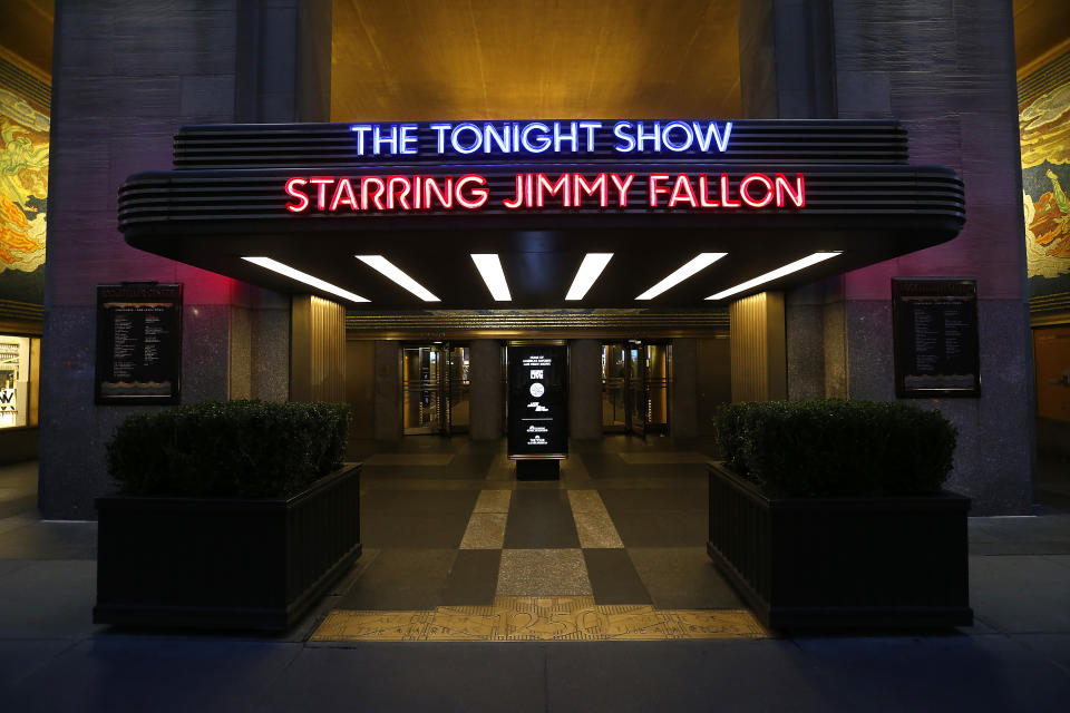 NEW YORK CITY - MARCH 17:  Exterior view of the Rockefeller Center complex and the entrance to "The Tonight Show starring Jimmy Fallon" is seen during the coronavirus on March 17, 2020 in New York City. The tourism and entertainment industry have been hit hard by the restrictions in response to the outbreak of COVID-19. (Photo by John Lamparski/Getty Images)