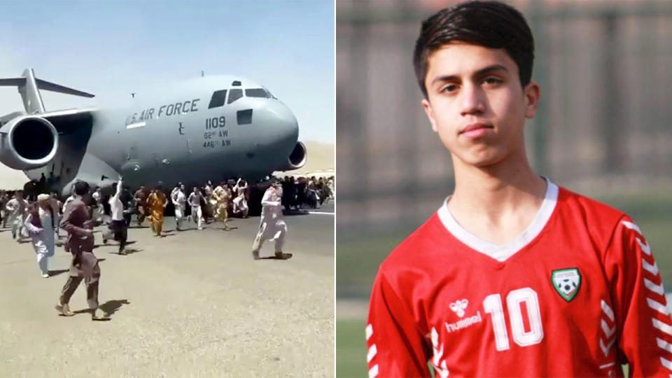 Pictured here, Afghan youth football star Zaki Anwari died falling from a US military plane.