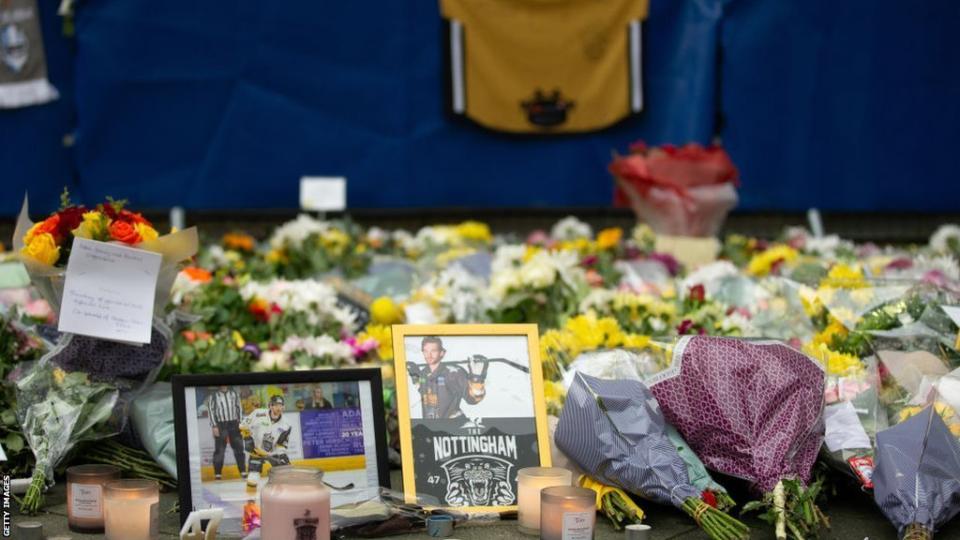 Tributes lay outside the Nottingham Panthers' Motorpoint Arena after Adam Johnson's death