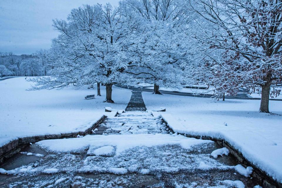 A path at Rockwood Park is featured after over two inches of snow fell overnight in Wilmington, Saturday, Feb. 17, 2024.