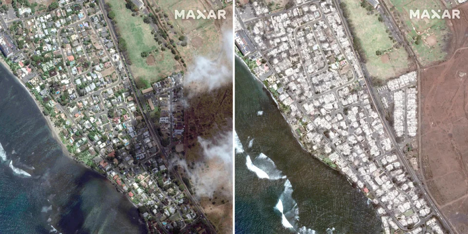 Before and after satellite views of southern Lahaina, Maui, from left, June 25, 2023 to Aug. 9, 2023. (Satellite image ©2023 Maxar Technologies)