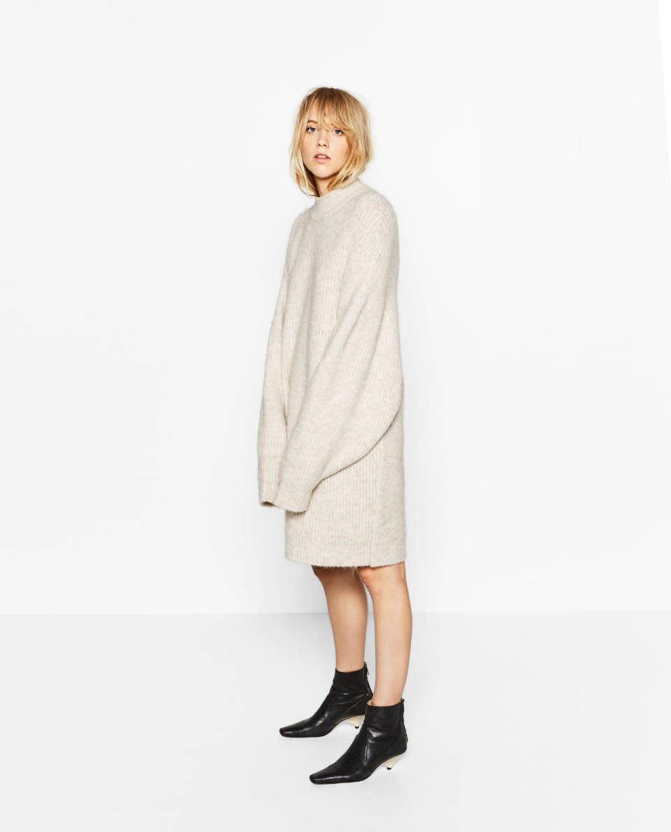 <p>This sweater dress is the perfect item for any girl who can’t be bothered to change after a long nap. This oversized knit will engulf you in its warm embrace while you lay on the couch and when you’re ready to go out, simply run a comb through your hair and toss on a pair of thigh high boots for an effortless look. No one will suspect you actually woke up like this. <i>Get it <a href="http://www.zara.com/ca/en/woman/knitwear/view-all/brioche-stitch-dress-c733910p3878026.html" rel="nofollow noopener" target="_blank" data-ylk="slk:here;elm:context_link;itc:0;sec:content-canvas" class="link ">here</a>. </i></p>