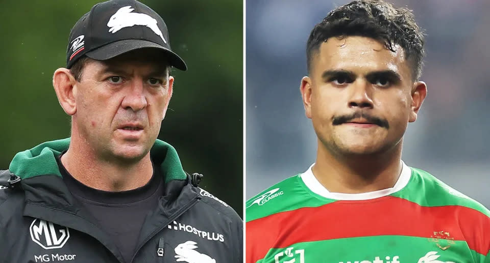 On the left is Souths coach Jason Demetriou and star fullback Latrell Mitchell on right.