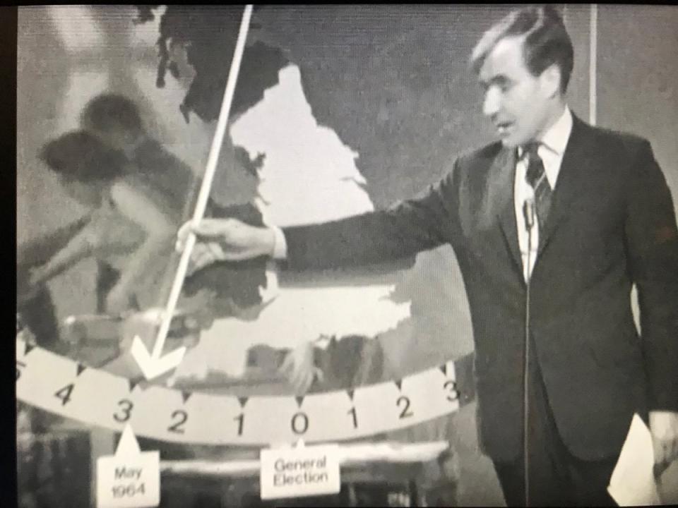 David Butler demonstrating his ‘swingometer’ (BBC)