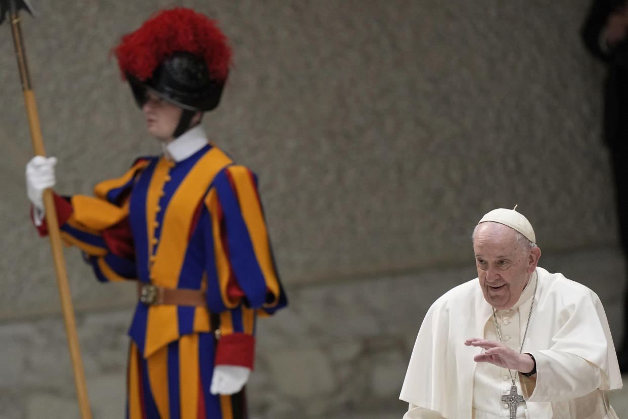 Pope Francis arrives for his weekly general audience in the Pope Paul VI hall at the Vatican, Wednesday, Jan. 4, 2023. (AP Photo/Andrew Medichini)