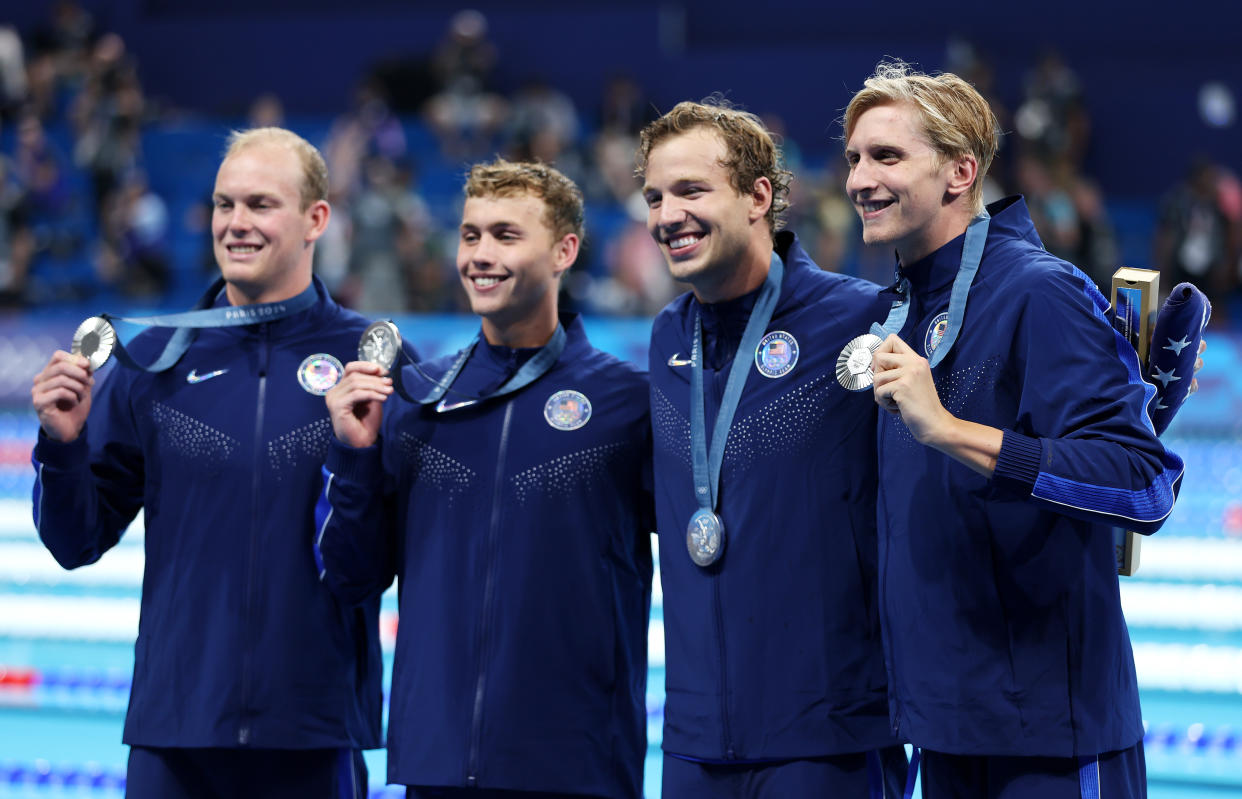 The 4x200m silver medalists from L-R: Luke Hobson, Carson Foster, Drew Kibler and Kieran Smith (Sarah Stier/Getty Images)