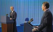 U.S. President Jimmy Carter and California Governor Ronald Reagan during a U.S. presidential election debate in Cleveland