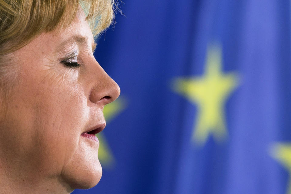 German Chancellor Angela Merkel delivers a statement at the chancellery in Berlin, Friday, Oct. 12, 2012, after the Nobel Peace Prize committee announced the European Union will be honored with the prize 2012. (AP Photo/Markus Schreiber)