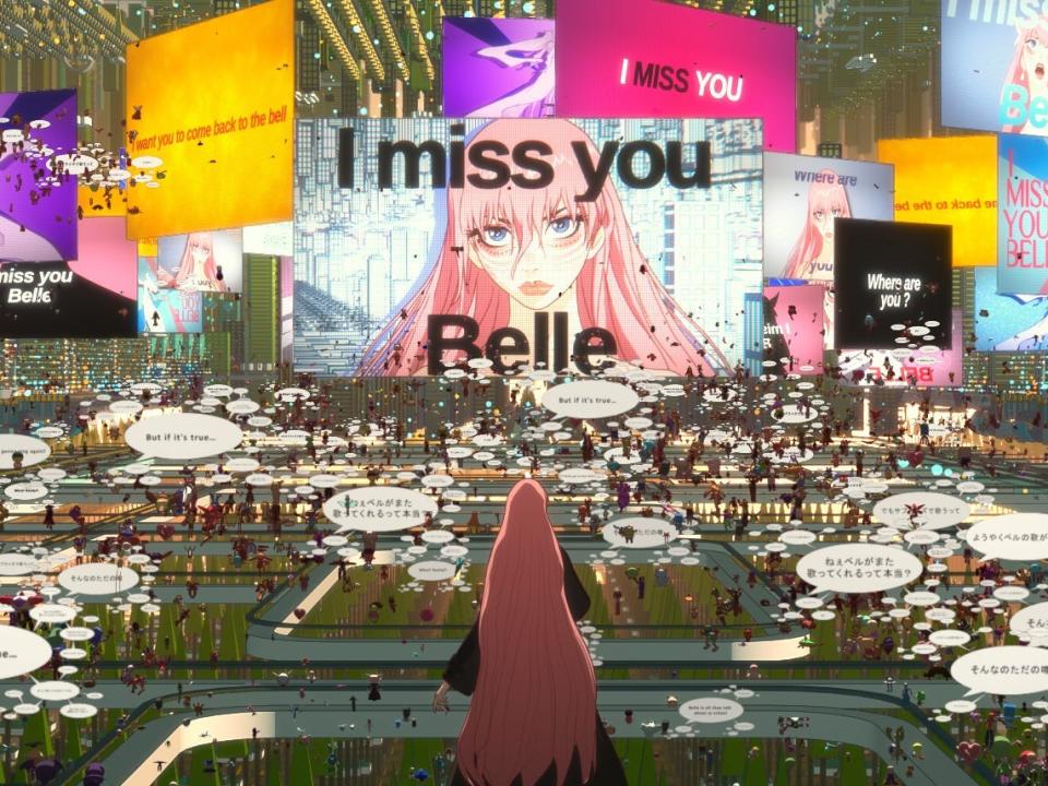 belle standing in the middle of a crowded, virtual, city square full of posters and advterisements with test like "I miss you belle," "where are you,"